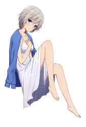 Rule 34 | 1girl, anastasia (idolmaster), bare legs, barefoot, blue eyes, blue jacket, blush, breasts, cleavage, closed mouth, collarbone, commentary request, dress, earrings, full body, hand on own chest, highres, idolmaster, idolmaster cinderella girls, invisible chair, jacket, jacket on shoulders, jewelry, looking at viewer, necklace, open clothes, open jacket, short hair, silver hair, simple background, sitting, small breasts, smile, solo, white background, white dress, yahiro (epicopeiidae)
