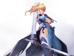 Rule 34 | 1girl, belt, blonde hair, blue background, blue bodysuit, blue eyes, bodysuit, breasts, center opening, cleavage, closed mouth, coat, commentary request, cowboy shot, cross-laced clothes, dual wielding, gloves, hair ribbon, holding, holding sword, holding weapon, kageshio (276006), knife, large breasts, looking at viewer, open clothes, open coat, ribbon, shinganji kurenai, shiny skin, short twintails, solo, standing, sword, taimanin (series), taimanin kurenai, tanto, thighhighs, trench coat, twintails, underbust, weapon