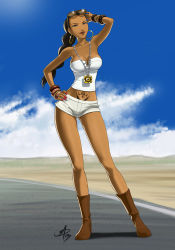 Rule 34 | 1girl, bad deviantart id, bad id, bangle, bare shoulders, blue sky, boots, bracelet, breasts, brown eyes, brown hair, cloud, contrapposto, dark-skinned female, dark skin, day, earrings, eyewear on head, hair slicked back, hand on own hip, hoop earrings, impossible clothes, jewelry, large breasts, legs, lipstick, lots of jewelry, makeup, michiko malandro, michiko to hacchin, midriff, nail polish, navel, necklace, polarityplus, road, shirt, shorts, sky, solo, standing, strapless, sunglasses, tattoo, taut clothes, taut shirt, tube top