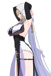Rule 34 | 1girl, absurdres, aponia (honkai impact), armpits, arms behind head, arms up, bare shoulders, bebetang, black dress, blue eyes, braid, breast curtain, breasts, brown hair, cowboy shot, detached sleeves, dress, expressionless, frilled dress, frills, from side, highres, honkai (series), honkai impact 3rd, large breasts, long hair, long sleeves, looking at viewer, looking to the side, pelvic curtain, profile, simple background, single braid, solo, standing, thigh strap, thighs, veil, white background