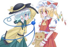 Rule 34 | 13112062088, 2girls, ?, ascot, back bow, black headwear, blouse, blue eyes, bow, buttons, collared shirt, cowboy shot, flandre scarlet, frilled shirt collar, frilled sleeves, frills, green skirt, hat, hat ribbon, highres, holding, holding stuffed toy, komeiji koishi, large bow, long sleeves, looking at another, medium hair, mob cap, multicolored wings, multiple girls, open mouth, puffy short sleeves, puffy sleeves, red bow, red eyes, red ribbon, red skirt, red vest, ribbon, ribbon-trimmed headwear, ribbon trim, shirt, short sleeves, side ponytail, simple background, skirt, sleeve bow, sleeve ribbon, stuffed animal, stuffed toy, teddy bear, third eye, touhou, vest, white background, white headwear, white shirt, wide sleeves, wings, yellow ascot, yellow ribbon, yellow shirt