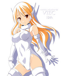 Rule 34 | 1girl, arms at sides, blonde hair, breasts, breasts apart, brown eyes, covered erect nipples, cowboy shot, detached sleeves, female focus, flat color, from side, halterneck, legs apart, leotard, medium breasts, norizou type-r, robot ears, serio (to heart), simple background, skin tight, solo, standing, thighhighs, to heart, to heart (series), white background, white thighhighs