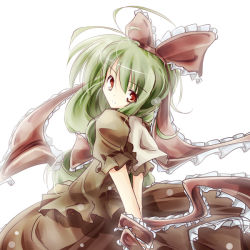 Rule 34 | 1girl, alternate eye color, arm ribbon, arms behind back, bad id, bad pixiv id, bow, female focus, frills, front ponytail, green hair, hair bow, hair ornament, hair ribbon, itsutsuki, kagiyama hina, long hair, looking at viewer, looking back, open mouth, own hands together, red eyes, ribbon, short sleeves, simple background, solo, touhou, white background