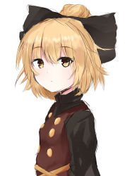 Rule 34 | 1girl, artist request, blonde hair, breasts, brown dress, buttons, dress, expressionless, half updo, highres, kurodani yamame, looking at viewer, short hair, simple background, small breasts, solo, touhou, upper body, white background, yellow eyes