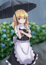 Rule 34 | 1girl, apron, arms up, black vest, blonde hair, blurry, blurry background, braid, bush, commentary request, cowboy shot, expressionless, flower, hair ribbon, high collar, highres, holding, holding umbrella, hydrangea, kirisame marisa, long hair, looking at viewer, no headwear, outdoors, overcast, partial commentary, petticoat, resa 7z (resastr), ribbon, shirt, short sleeves, single braid, sky, solo, standing, touhou, tress ribbon, umbrella, vest, waist apron, white shirt