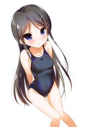 Rule 34 | 10s, 1girl, absurdres, arms behind back, black hair, blush, breasts, collarbone, competition swimsuit, covered erect nipples, endou rino, groin, hair ornament, hairclip, highres, jinsei, long hair, looking at viewer, medium breasts, nanase meruchi, official art, one-piece swimsuit, purple eyes, scan, simple background, skin tight, solo, swimsuit, thigh gap, white background