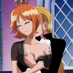 Rule 34 | 2girls, grabbing another&#039;s breast, grabbing, hand under clothes, highres, kalifa (one piece), licking, licking another&#039;s neck, multiple girls, nami (one piece), one piece, tongue, yuri