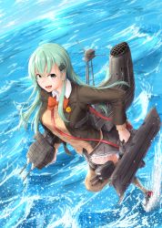 Rule 34 | 1girl, absurdres, aqua eyes, aqua hair, ascot, breasts, brown skirt, brown thighhighs, cannon, cardigan, flight deck, hair ornament, hairclip, highres, jacket, kantai collection, kuromu, long hair, machinery, mast, ocean, open cardigan, open clothes, open mouth, pleated skirt, remodel (kantai collection), school uniform, skirt, smile, smokestack, solo, suzuya (kancolle), thighhighs, turret, water