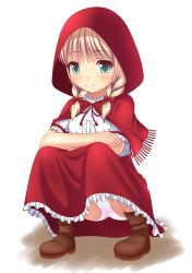 Rule 34 | 1girl, blonde hair, blush, boots, bow, braid, brown footwear, capelet, center frills, closed mouth, commentary request, frilled skirt, frills, fringe trim, full body, green eyes, hair between eyes, hair bow, hair over shoulder, hood, hood up, hooded capelet, ki (kk-sk-ray), little red riding hood, little red riding hood (grimm), long hair, low twintails, panties, pink panties, puffy short sleeves, puffy sleeves, red bow, red capelet, red skirt, shadow, shirt, short sleeves, skirt, smile, solo, squatting, twin braids, twintails, underwear, white background, white shirt