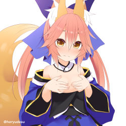 Rule 34 | 1girl, alternate breast size, animal ear fluff, animal ears, blue bow, blue kimono, blush, bow, breasts, breasts out, brown eyes, covering privates, covering breasts, detached collar, detached sleeves, fate/grand order, fate (series), fox ears, fox girl, fox tail, hair between eyes, hair bow, haryuu (poetto), highres, japanese clothes, kimono, long hair, pink hair, small breasts, solo, split ponytail, tail, tamamo (fate), tamamo no mae (fate/extra), upper body