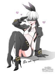 Rule 34 | 1boy, 9s (nier:automata), adapted costume, animal ears, arm support, artist name, black blindfold, black footwear, black gloves, black necktie, black shorts, black thighhighs, blindfold, bulge, collarbone, commentary, crop top, crossdressing, fake animal ears, gloves, grey hair, hand up, heart, high heels, highres, juliet sleeves, knees together feet apart, knees up, long sleeves, male focus, nagano rira, necktie, nier:automata, nier (series), open mouth, puffy sleeves, rabbit tail, shadow, shirt, short shorts, shorts, shrug (clothing), simple background, sitting, sleeveless, sleeveless shirt, solo, suspender shorts, suspenders, tail, thighhighs, thighs, trap, twitter username, white background