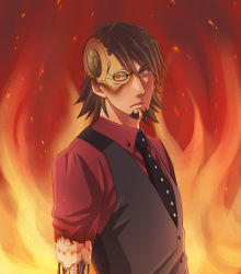 Rule 34 | 10s, 1boy, android, bad id, bad pixiv id, brown eyes, brown hair, damaged, dark persona, ebitetsu, fire, formal, gradient background, lunarclinic, male focus, necktie, red eyes, red shirt, shirt, short hair, solo, tiger &amp; bunny, vest, waistcoat