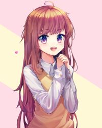 Rule 34 | 1girl, bad id, bad pixiv id, brown hair, hands up, heart, highres, liyom, long hair, long sleeves, looking at viewer, original, own hands together, purple eyes, school uniform, simple background, solo, standing, sweater vest, uniform, upper body