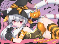 Rule 34 | 1girl, animal ear legwear, animal ears, arm ribbon, artist name, bare shoulders, bat (animal), bat wings, blunt bangs, blush, bow, breasts, candy, candy cane, cat ear legwear, cat ear thighhighs, eating, english text, food, food in mouth, gloves, gradient background, haku (p&amp;d), halloween, halloween costume, happy halloween, hat, hat bow, highres, holding, jack-o&#039;-lantern, leotard, light blush, lilium0235, lollipop, long hair, looking at viewer, multicolored hair, pumpkin, purple background, puzzle &amp; dragons, red eyes, ribbon, signature, silk, solo, spider web, striped clothes, striped thighhighs, swirl lollipop, tail, thigh gap, thighhighs, thighs, tiger ears, tiger tail, two-tone hair, white hair, wings, witch hat