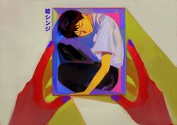 Rule 34 | 1boy, absurdres, bedemientay1802, black pants, box, closed eyes, collared shirt, colored skin, commentary, english commentary, facing to the side, facing viewer, fetal position, highres, ikari shinji, in box, in container, male focus, nail polish, neon genesis evangelion, out of frame, pants, pov, pov hands, purple nails, red skin, school uniform, shirt, short hair, short sleeves, simple background, solo focus, white shirt, yellow background, yellow skin