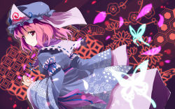 Rule 34 | 1girl, bug, butterfly, female focus, floral print, gotyou, hat, hexagon, highres, bug, japanese clothes, looking back, petals, pink hair, red eyes, reference work, saigyouji yuyuko, shippou (pattern), smile, solo, touhou, wallpaper
