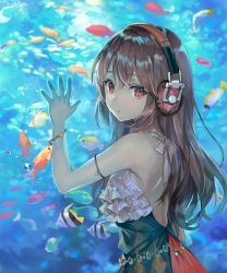 Rule 34 | 1girl, :o, animal, bare back, bracelet, brown hair, bubble, commentary request, copyright request, fish, fish tank, frills, from side, hair between eyes, headphones, highres, jewelry, long hair, looking at viewer, looking back, momoko (momopoco), open mouth, red eyes, revision, seashell, shell, sidelocks, solo, standing, star (symbol), water