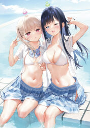 Rule 34 | 2girls, bikini, black hair, blue eyes, breasts, closed mouth, cloud, cloudy sky, day, highres, long hair, looking at viewer, medium breasts, mignon, multiple girls, navel, original, outdoors, pleated skirt, red eyes, school uniform, simple background, sitting, skirt, sky, small breasts, stomach, swimsuit, swimsuit under clothes, white hair