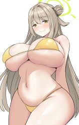 Rule 34 | 1girl, absurdres, bare arms, bare legs, bare shoulders, bikini, blue archive, blush, breasts, closed mouth, cowboy shot, green eyes, green halo, hair between eyes, halo, highres, huge breasts, light brown hair, long hair, looking at viewer, metsu end, navel, nonomi (blue archive), nonomi (swimsuit) (blue archive), simple background, smile, solo, swimsuit, white background, yellow bikini