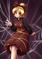 Rule 34 | 1girl, :d, blonde hair, blush, bow, breasts, brown bow, brown dress, buttons, dress, hair bow, highres, kurodani yamame, long sleeves, looking at viewer, mazume, medium breasts, open mouth, ponytail, puffy long sleeves, puffy sleeves, red eyes, short hair, silk, smile, solo, spider web, touhou