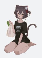 Rule 34 | 1girl, absurdres, animal ear fluff, animal ears, bag, barefoot, between legs, black shirt, brown hair, cat ears, cat girl, cat tail, fang, full body, hair between eyes, hand between legs, hand up, highres, holding, holding bag, kgt (pixiv12957613), looking at viewer, no pants, one side up, open mouth, original, plastic bag, print shirt, seiza, shirt, shopping bag, short hair, short sleeves, simple background, sitting, skin fang, solo, t-shirt, tail, tail raised, white background