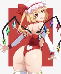 1girl ascot ass ass_cutout bare_shoulders blonde_hair bow clothing_cutout commentary crystal flandre_scarlet from_behind hat hat_ribbon heart_cutout highres leotard looking_at_viewer mob_cap multicolored_wings nittou_cafe one_side_up open_mouth red_background red_bow red_eyes red_leotard ribbon ribbon-trimmed_thighhighs ribbon_trim side_ponytail sideless_leotard simple_background smile solo thighhighs thighs touhou two-tone_background white_background white_thighhighs wings wrist_cuffs yellow_ascot