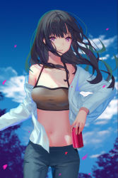 Rule 34 | 1girl, bare shoulders, black hair, blurry, blurry background, breasts, can, cloud, cloudy sky, cowboy shot, day, denim, holding, jeans, lloule, long hair, looking at viewer, midriff, navel, off shoulder, original, outdoors, pants, parted lips, petals, purple eyes, shadow, shirt, sky, small breasts, smile, solo, standing, tree, white shirt, wind