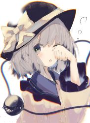 Rule 34 | 1girl, :o, black hat, blouse, bow, bright pupils, covering one eye, expressionless, eyeball, frilled shirt collar, frilled sleeves, frills, grey eyes, grey hair, hand on own face, hat, hat bow, hat ribbon, highres, komeiji koishi, liangming toho, long sleeves, looking to the side, medium hair, one eye closed, open mouth, ribbon, shirt, solo, third eye, touhou, upper body, wavy hair, white background, wide sleeves, yellow bow, yellow ribbon, yellow shirt