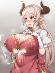 Rule 34 | 10s, 1girl, after paizuri, alicia (granblue fantasy), blush, breasts, center opening, covered erect nipples, cross, cross earrings, cum, cum on body, cum on breasts, cum on upper body, draph, dress, earrings, ejaculation, futoshi (suraimu), gloves, granblue fantasy, horns, huge breasts, inverted nipples, jewelry, long hair, mature female, nipples, parted lips, pointy ears, puffy nipples, shortstack, silver hair, smile, solo, white gloves