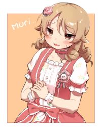 Rule 34 | 1girl, bad id, bad twitter id, blush, brown eyes, brown hair, choker, floral print, flower, hair between eyes, hair flower, hair ornament, idolmaster, idolmaster cinderella girls, korean commentary, mg pong, morikubo nono, name tag, own hands clasped, own hands together, pink choker, pink flower, ringlets, romaji text, short sleeves, simple background, solo, sweat, two-tone background, upper body