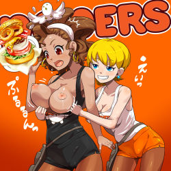 Rule 34 | 2girls, ^^^, afro, animal, animal on head, assisted exposure, bird, bird on head, black legwear, black shorts, blonde hair, blue eyes, bouncing breasts, breasts, breasts out, brown eyes, brown hair, brown legwear, burger, cameltoe, cleavage, clothes writing, collarbone, contrapposto, d:, dark-skinned female, dark skin, earrings, employee uniform, eyebrows, eyeliner, food, grin, hairband, highres, holding, holding plate, hoop earrings, hooters, jewelry, judy (pop&#039;n music), large breasts, makeup, mary (pop&#039;n music), motion lines, multiple girls, napkin, nipples, no bra, on head, onion rings, open mouth, orange background, osamu yagi, pantyhose, plate, pop&#039;n music, pouch, prank, print shirt, shirt, shirt tug, short hair, short shorts, shorts, smile, standing, tank top, tray, uniform, wavy hair