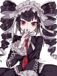 Rule 34 | 1girl, black hair, black jacket, black nails, black skirt, celestia ludenberg, closed mouth, danganronpa: trigger happy havoc, danganronpa (series), drill hair, earrings, frilled jacket, frills, gothic lolita, grey background, hand up, highres, jacket, jewelry, lolita fashion, long hair, looking at viewer, nail polish, necktie, print necktie, red eyes, red necktie, simple background, skirt, smile, solo, twin drills, twintails, yuma (yumachansan)