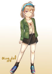Rule 34 | 1girl, bandaid, bandaid on face, beige background, beige blouse, black skirt, blue footwear, blue hairband, brown hair, full body, gradient background, green jacket, hairband, highres, jacket, kantai collection, ld (luna dial398), looking at viewer, oboro (kancolle), official alternate costume, one-hour drawing challenge, one eye closed, purple eyes, shoes, short hair, skirt, sneakers, solo, standing, twitter username
