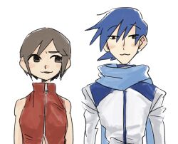 Rule 34 | &lt;o&gt; &lt;o&gt;, 1boy, 1girl, :3, arms at sides, black eyes, blue hair, blue scarf, blush, brown eyes, brown hair, closed mouth, coat, furrowed brow, highres, jacket, kaito (vocaloid), long sleeves, looking at another, looking at viewer, looking to the side, meiko (vocaloid), nata shelf, no sclera, parted lips, raised eyebrows, red jacket, scarf, short hair, side-by-side, simple background, sleeveless, sleeveless jacket, smile, straight-on, upper body, vocaloid, white background, white coat