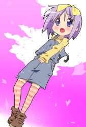 Rule 34 | 00s, bad id, bad pixiv id, from below, highres, hiiragi tsukasa, lucky star, overalls, pink thighhighs, purple eyes, purple hair, short hair, striped clothes, striped thighhighs, tea (084630000), thighhighs