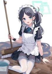 Rule 34 | &lt;key&gt; (robot) (blue archive), 1girl, :d, absurdly long hair, absurdres, apron, aqua halo, aris (blue archive), aris (maid) (blue archive), arm support, black dress, black hair, black wristband, blue archive, blue eyes, blue ribbon, bucket, collared dress, commentary, dress, feet out of frame, frilled apron, frills, green halo, guri (gri1211), halo, highres, holding, holding mop, light blush, long hair, looking at viewer, maid, maid apron, maid headdress, mop, neck ribbon, official alternate costume, open mouth, pantyhose, puffy short sleeves, puffy sleeves, rectangular halo, ribbon, ringed eyes, short sleeves, side ponytail, signature, simple background, sitting, smile, solo, very long hair, white apron, white background, white pantyhose, wooden floor, wristband