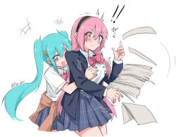 Rule 34 | !, !!, 2girls, black hairband, black jacket, black skirt, blue eyes, blue hair, blue nails, blush, closed mouth, clothes around waist, collared shirt, commentary request, grabbing another&#039;s breast, grabbing from behind, groping, hairband, hatsune miku, jacket, jacket around waist, long hair, megurine luka, multiple girls, nejikyuu, open mouth, paper, pink hair, plaid clothes, plaid skirt, pleated skirt, school uniform, shirt, short sleeves, simple background, skirt, smile, twintails, twitter username, vocaloid, white background, white shirt, yuri