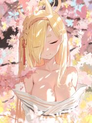 Rule 34 | 1girl, absurdres, animal ears, bare shoulders, blonde hair, blue archive, blush, breasts, cherry blossoms, closed eyes, collarbone, fox ears, hair over one eye, hairband, halo, hidulume, highres, japanese clothes, kaho (blue archive), kimono, large breasts, long hair, mole, mole under mouth, solo, thick eyebrows