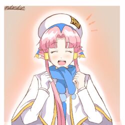 Rule 34 | 1girl, andanden, aria (manga), aria company uniform, beret, blue ribbon, blue scarf, border, capelet, closed eyes, gloves, gold trim, hair tubes, hands up, hat, hat ribbon, long sleeves, mizunashi akari, open mouth, parted bangs, pink hair, ribbon, scarf, signature, single glove, solo, teeth, upper body, upper teeth only, white border, white capelet, white gloves, white hat