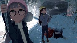 Rule 34 | 2girls, backpack, bag, beanie, black hair, boots, brown footwear, coat, cyrillic, glasses, grey eyes, hat, highres, icicle, long hair, motor vehicle, multiple girls, open mouth, original, outdoors, randoseru, russian commentary, russian text, servachok, silver hair, snow, sweater, translated, turtleneck, turtleneck sweater, van, winter, winter clothes, winter coat