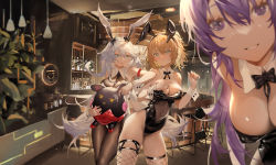 Rule 34 | 3girls, animal ears, bar (place), between breasts, black bow, black bowtie, black hairband, black leotard, black necktie, blonde hair, blue eyes, blush, bow, bowtie, breasts, brown pantyhose, chair, cleavage, detached collar, fake animal ears, fishnet thighhighs, fishnets, hair between eyes, hairband, highres, indoors, koi han, large breasts, leaning forward, leotard, long hair, looking at viewer, multiple girls, necktie, necktie between breasts, open mouth, original, pantyhose, parted lips, playboy bunny, ponytail, purple eyes, purple hair, rabbit ears, see-through, smile, standing, strapless, strapless leotard, thighhighs, twintails, very long hair, white hair, white hairband, wrist cuffs