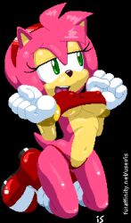 Rule 34 | 1girl, amy rose, animal ears, animal nose, artist name, black background, body fur, boots, breasts, clenched hands, covered erect nipples, crop top, female focus, full body, furaffinity username, furry, furry female, gloves, green eyes, hairband, half-closed eyes, hands up, happy, jaggy lines, knee boots, kneeling, looking to the side, medium breasts, navel, no lineart, no pants, oekaki, open mouth, panties, pink fur, pink hair, pussy, pussy peek, raised eyebrows, red footwear, red hairband, red panties, red shirt, rockthebull, shiny skin, shirt, short hair, sidelocks, signature, simple background, sleeveless, sleeveless shirt, smile, solo, sonic (series), stomach, tail, teeth, thighs, tongue, underboob, underwear, watermark, web address, white gloves
