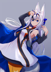 Rule 34 | 1girl, animal ear fluff, animal ears, arm up, armpits, bare shoulders, black jacket, blue eyes, blue nails, cape, cowboy shot, dress, fingernails, fox ears, grey background, hair ornament, hand up, highres, jacket, large tail, long hair, long sleeves, looking at viewer, multicolored hair, nail polish, off shoulder, open clothes, open jacket, original, pantyhose, parted lips, sharp fingernails, simple background, sleeveless, sleeveless dress, solo, streaked hair, tail, two-tone hair, very long hair, white dress, white hair, yellow pantyhose, yoshizawa tsubaki
