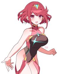 Rule 34 | 1girl, black one-piece swimsuit, breasts, chest jewel, competition swimsuit, covered collarbone, gem, headpiece, highres, kotohatoko510, large breasts, one-piece swimsuit, pyra (pro swimmer) (xenoblade), pyra (xenoblade), red eyes, red hair, red one-piece swimsuit, ribbed swimsuit, short hair, solo, strapless, strapless one-piece swimsuit, striped clothes, striped one-piece swimsuit, swept bangs, swimsuit, two-tone swimsuit, vertical-striped clothes, vertical-striped one-piece swimsuit, xenoblade chronicles (series), xenoblade chronicles 2