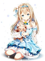 Rule 34 | 1girl, bare shoulders, blue dress, blue eyes, blush, closed mouth, dress, girls&#039; frontline, head tilt, highres, layered sleeves, light brown hair, long sleeves, looking at viewer, mutang, hugging object, off-shoulder dress, off shoulder, official alternate costume, puffy long sleeves, puffy short sleeves, puffy sleeves, see-through, short over long sleeves, short sleeves, sitting, smile, solo, stuffed animal, stuffed toy, suomi (girls&#039; frontline), suomi (korvatunturi pixie) (girls&#039; frontline), teddy bear, white background