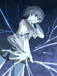 Rule 34 | arm up, arms behind head, electricity, electrokinesis, grin, hair ornament, hairpin, misaka mikoto, outstretched arm, outstretched hand, school uniform, shorts, skirt, smile, solo, sweater vest, toaru majutsu no index, uniform