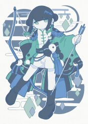 Rule 34 | 1girl, arrow (projectile), awayawa pic, black footwear, black hair, black sash, boots, bow (weapon), chinese commentary, closed mouth, commentary request, crescent, diamond (shape), dot nose, double bun, earrings, egasumi, epaulettes, expressionless, full body, green eyes, green sleeves, hair bun, highres, holding, holding arrow, holding bow (weapon), holding weapon, jacket, jewelry, letter hair ornament, long sleeves, looking at viewer, magatama, military uniform, mixed-language commentary, no sclera, obijime, original, pale skin, panda earrings, sash, short shorts, shorts, solo, tassel, tassel earrings, uniform, weapon, white jacket, white shorts, wide sleeves, yin yang