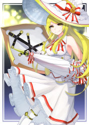 Rule 34 | 1girl, absurdres, blonde hair, detached sleeves, dress, feet out of frame, gloves, guardian tales, hat, highres, holding, holding weapon, knight lady lapice, long hair, looking at viewer, piu47, red ribbon, ribbon, shield, smile, solo, umbrella, weapon, white dress, white gloves, white legwear, white umbrella, yellow eyes