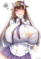 Rule 34 | 1girl, @ @, animal ears, arm under breasts, azur lane, blush, bow, bra, breasts, brown hair, bursting breasts, chomikuplus, cleavage, collared shirt, cow ears, cow girl, cow horns, gigantic breasts, hair bow, highres, horns, kashino (azur lane), long hair, military, military uniform, necktie, no bra, popped button, purple eyes, purple necktie, purple skirt, shirt, skirt, solo, squiggle, tearing up, underwear, uniform