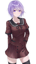 Rule 34 | 1girl, arm behind back, bad id, bad twitter id, black ribbon, black sailor collar, black thighhighs, blush, buttons, closed mouth, cowboy shot, dot mouth, hand on own hip, highres, hozumi shizuku, layered sleeves, long sleeves, looking at viewer, magia record: mahou shoujo madoka magica gaiden, mahou shoujo madoka magica, meen (ouaughikepdvrsf), neck ribbon, pocket, purple eyes, purple hair, red serafuku, red shirt, red skirt, ribbon, sailor collar, sankyoin academy school uniform, school uniform, serafuku, shirt, short hair, short over long sleeves, short sleeves, simple background, skirt, solo, swept bangs, thighhighs, white background, zettai ryouiki